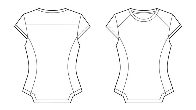 Women's Performance Raglan T-shirt, Contrast Panel Activewear Front and Back View. Fashion Illustration, Vector, CAD, Technical Drawing, Flat Drawing.
