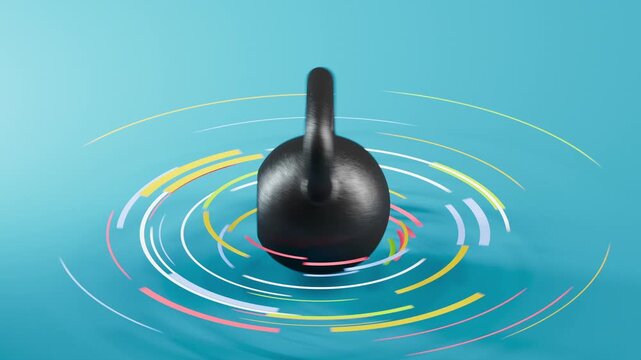 Looped fitness video of a rotating kettlebell with fast moving light lines on a blue background. Clean sporty motion visual for workout, energy, and training concepts.