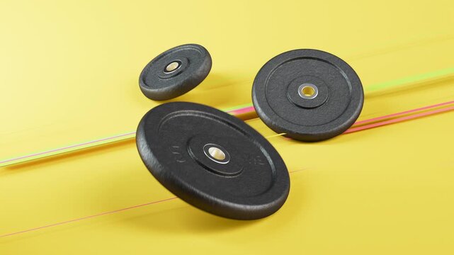 Looped sports video with spinning weight plates and fast running lines on a yellow background. Dynamic fitness motion clip for strength training, gym, and performance themes.