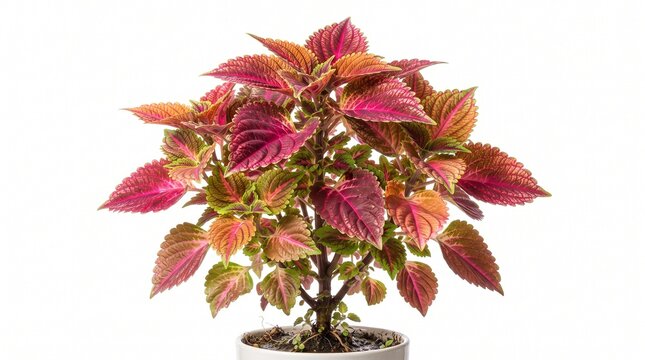 Vibrant Coleus plant with red and orange leaves in a white pot, colorful ornamental houseplant on white background, decorative foliage plant for interior design