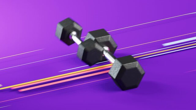 Looped fitness video of dumbbells jumping over each other with fast moving lines on purple. Bold sports motion background for workout, strength, and active lifestyle content.