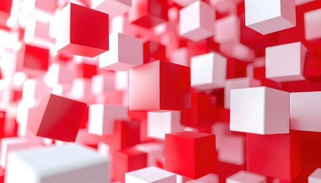 Red and white frosted cubes floating in random arrangement for abstract geometric design