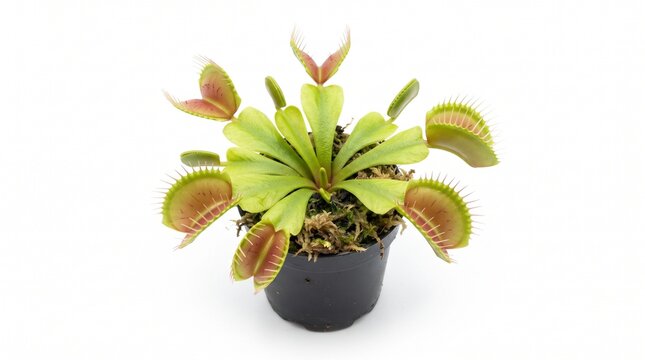 Venus flytrap carnivorous plant in black pot, exotic Dionaea muscipula with open traps, green and red predatory houseplant on white background