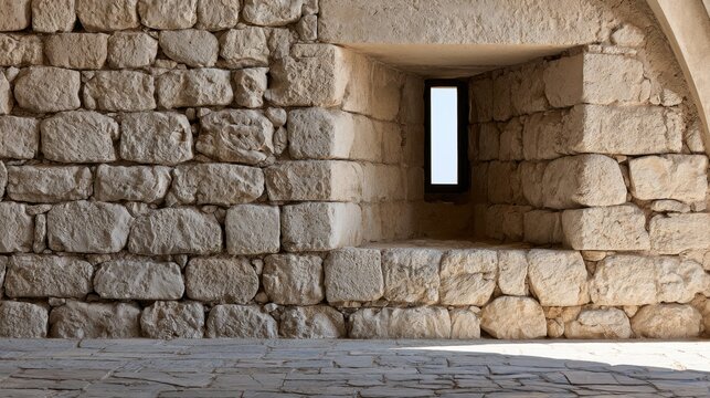Ancient fortress stone wall with narrow vertical slit window for background texture, architecture design, poster and card layout