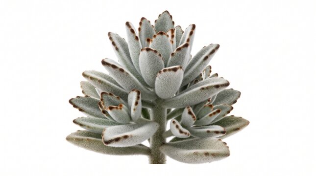 Kalanchoe tomentosa panda plant succulent, fuzzy silver velvet leaves with brown spots, exotic indoor houseplant isolated on white background