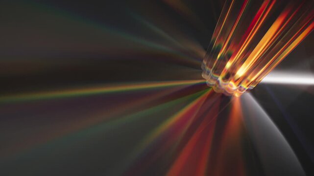 Glass crystal motion sends rainbow light rays across a dark background. Seamless loop for premium branding, intros, and visual effects. 3d render motion.