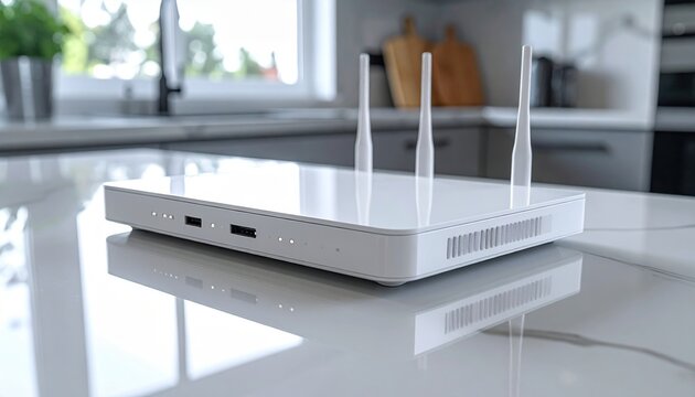White wireless router with four antennas resting on glossy kitchen table