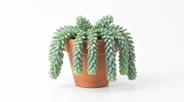 Burro's tail succulent plant in terracotta pot, sedum morganianum houseplant on white background, trailing green succulent in clay planter