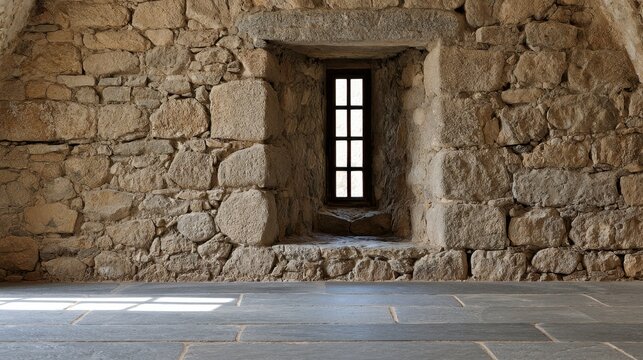 Castle interior stone wall with tall narrow lattice window for background texture, architectural design, poster and card layout