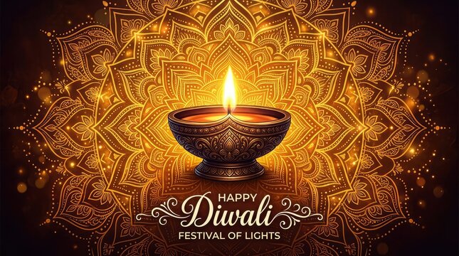 Golden diwali lamp with ornate mandala background and festive lights celebrating the festival of lights