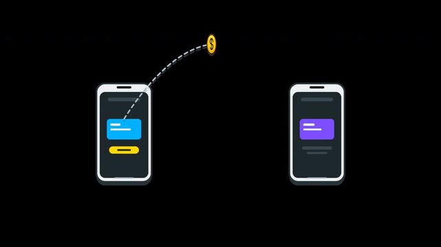 Visually confirm successful transactions with this clean, modern 2D vector micro-interaction. Two minimalist smartphones execute a seamless transfer as a golden coin arcs across the screen, elegantly 