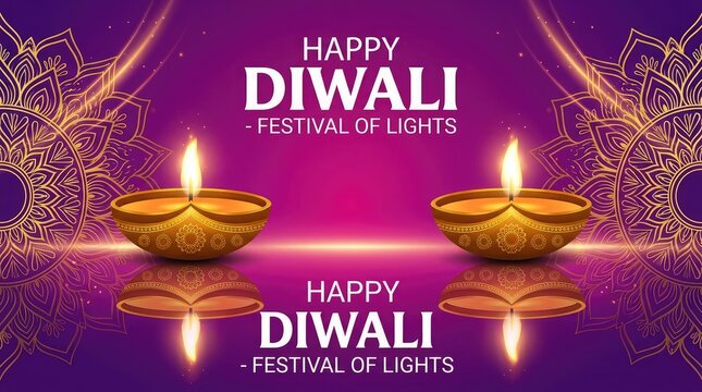 Happy Diwali festival of lights greeting card with ornate mandalas and burning candles vector illustration