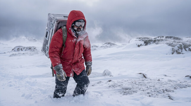 Scientist carrying heavy equipment case through a blizzard. Man in red parka and goggles walking in extreme cold arctic environment