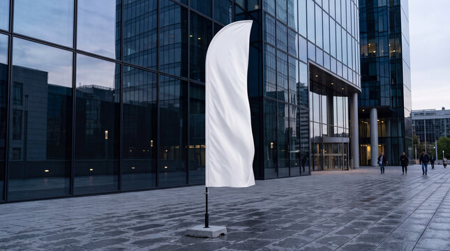 Mockup Blank white feather flag mockup in front of modern glass office building exterior