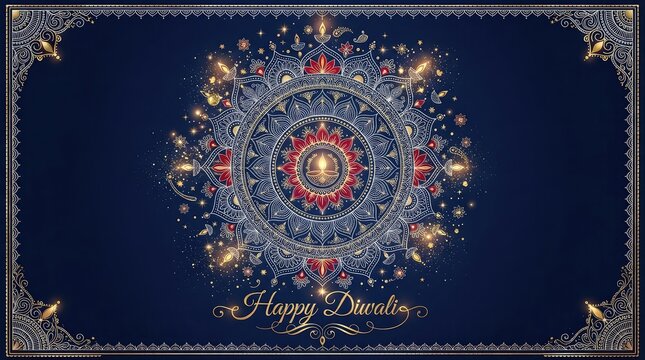 Intricate diwali mandala with glowing lamps and floral details a festive vector illustration on a dark background