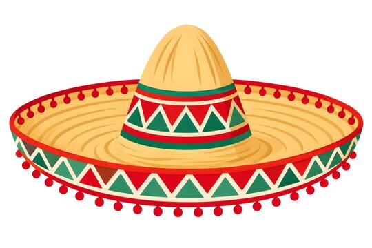 Colorful traditional Mexican sombrero decorated with red and green folk patterns and tassels isolated on white background