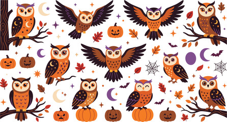 Fototapeta premium Cute Halloween owls set with pumpkins bats and autumn leaves vector illustration
