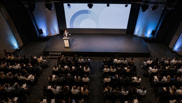 Business conference presentation with speaker at podium addressing large audience in modern auditorium featuring a large screen and professional lighting setup