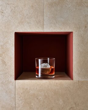 Whiskey tumbler with ice sphere in recessed red niche on textured stone shelf minimalist still life for design card poster background