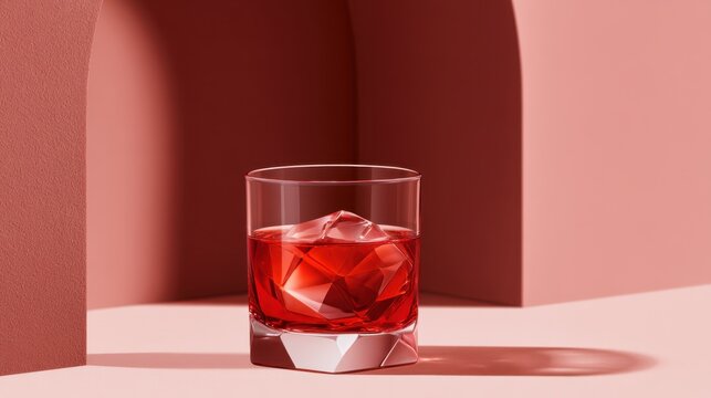 Red cocktail glass closeup with crystalline ice in a pastel arched alcove modern still life set for design poster background
