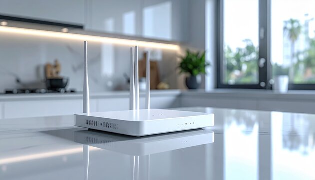 White wireless router with four antennas resting on glossy kitchen table