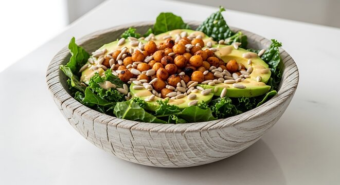 Bowl of kale salad with avocado and roasted chickpeas on white table