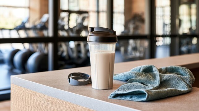 Gym protein shaker bottle with towel on bench fitness recovery concept for wellness design poster background and workout promotion