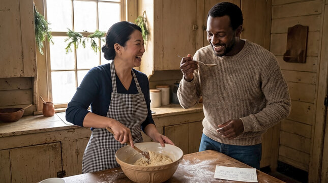 Ethnically diverse couple baking together in rustic kitchen. Asian woman mixing dough and Black man tasting food from spoon. Happy partners recreating family Christmas recipe