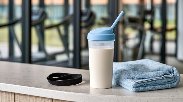 Protein shake bottle with straw and towel at gym counter fitness recovery concept for background poster and supplement promotion