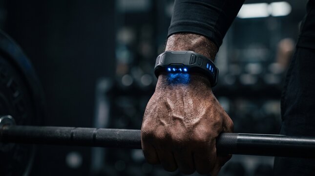 Close up of muscular athletic man hand wearing smart fitness tracker band gripping barbell during intense weight training in gym