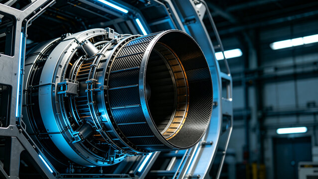 Futuristic aerospace engine nozzle with carbon fiber composite casing mounted on a high tech test rig inside a modern industrial spacecraft manufacturing facility