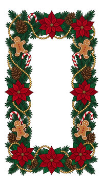Festive Christmas Border with Poinsettia Flowers and Gingerbread Man