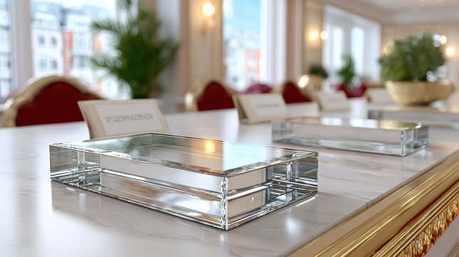 Crystal rectangular award plaque displayed on marble topped conference table with reserved name cards and decorative plants in bright meeting room prepared for formal event or presentation