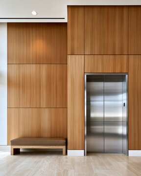 Minimal modern elevator wall detail with vertical wood panels and stainless steel door for architectural interior design background and brochure