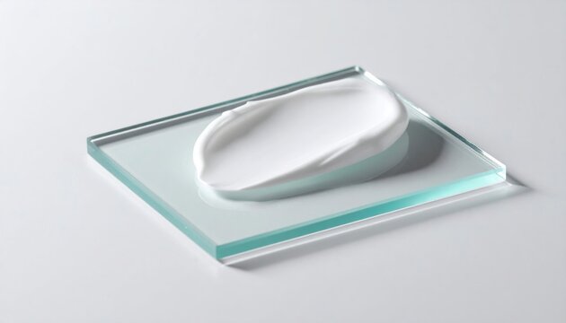 Cosmetic cream swatch smear on square glass plate over white table for skincare product testing