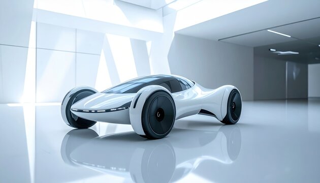 Futuristic white flying car hovering above reflective floor inside bright contemporary architectural interior