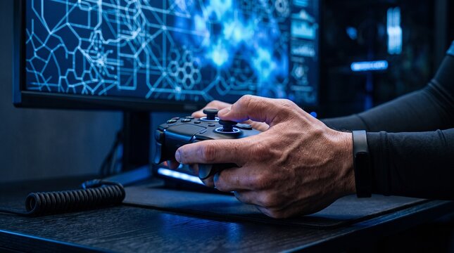 Close up of gamer hands holding modern wireless gamepad controller playing video game in front of computer monitor with digital screen display in dark room