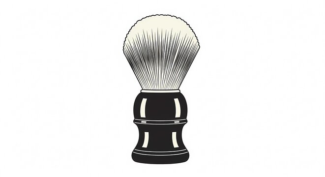 Minimalist vintage-style shaving brush illustration with black handle and thick white bristles, isolated on plain background for barber shop and male grooming themes.