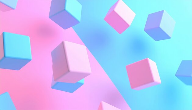 Soft pink and blue toy cubes floating diagonally across colorful pastel background in dynamic motion