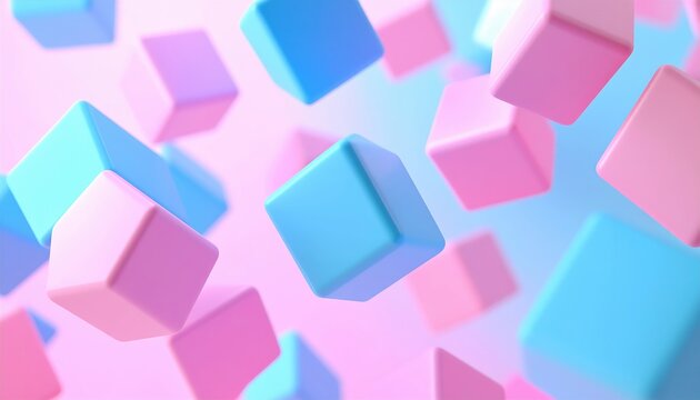 Soft pink and blue toy cubes floating diagonally across colorful pastel background in dynamic motion