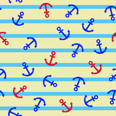 Nautical Pattern with Red and Blue Anchors on Striped Background © Wolfworker