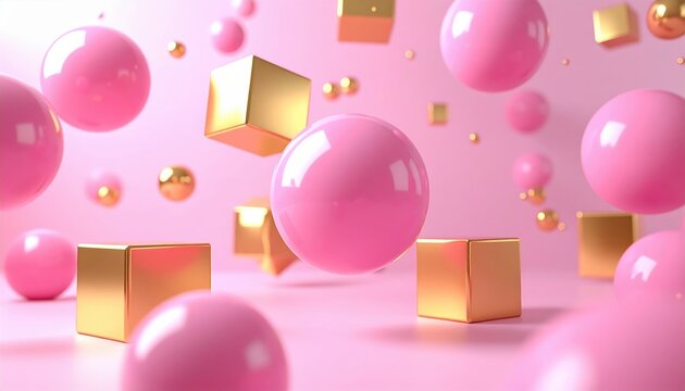 Floating pink spheres and gold cubes forming dynamic 3D geometric composition with shadows