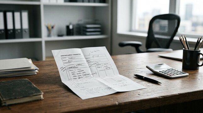Reporting desk with folded external auditor request list &ndash; Audit and Financial Compliance Documentation, No People