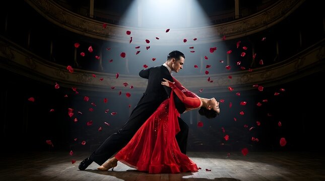 Dramatic tango dancers performing with falling red flower petals.