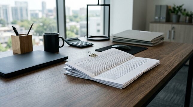 Financial reporting desk with folded deferred revenue schedule &ndash; Revenue Recognition and Corporate Accounting, No People