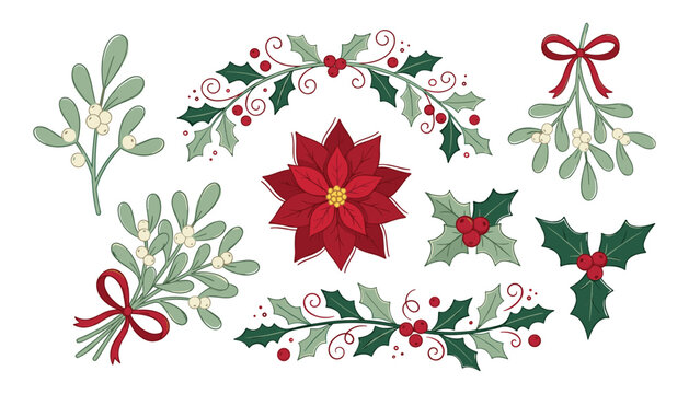 Christmas floral vector element set with poinsettia flower holly leaves berries mistletoe branches and red bows decoration