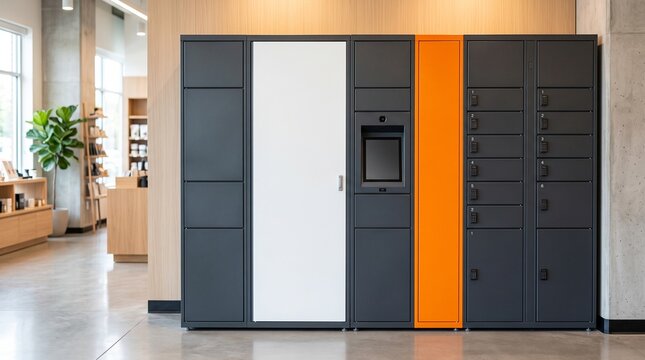 Modern electronic parcel locker unit inside a professional office lobby for automated delivery picku
