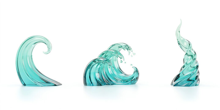Three abstract glass sculptures representing water waves and swirls on white background