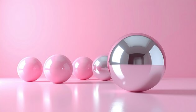Reflective silver metallic spheres beside matte pastel pink balls in minimalist studio setting