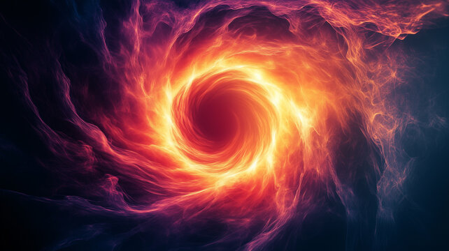 Abstract cosmic vortex background with a glowing fiery whirlpool portal in deep space. Creative dynamic concept of a black hole accretion disk, powerful supernova explosion, or time travel wormhole tu